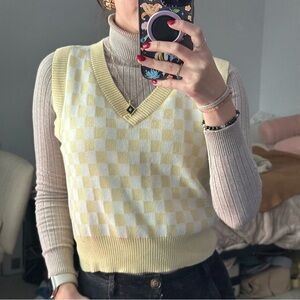 Retro Soft Yellow & Cream Checkerboard Knit Sweater Vest | Size S